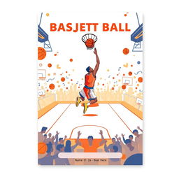 A basketball-themed project cover designed for A4 size, showcasing an exciting illustration of a basketball court with a player in mid-air, making a slam dunk