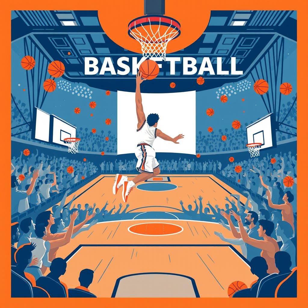 A basketball-themed project cover designed for A4 size, showcasing an exciting illustration of a basketball court with a player in mid-air, making a slam dunk