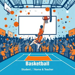 A basketball-themed project cover designed for A4 size, showcasing an exciting illustration of a basketball court with a player in mid-air, making a slam dunk