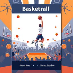 A basketball-themed project cover designed for A4 size, showcasing an exciting illustration of a basketball court with a player in mid-air, making a slam dunk