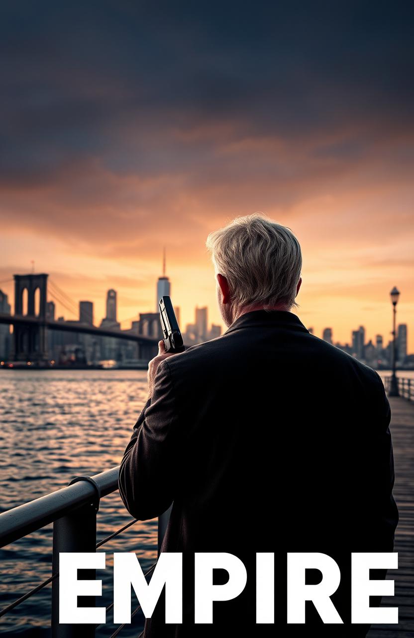 A scene depicting the New York pier with the city skyline in the background