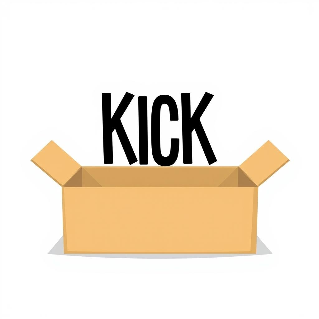 A full view 2D illustration of an empty brown cardboard box prominently featuring the word 'KICK' in bold black letters across its surface