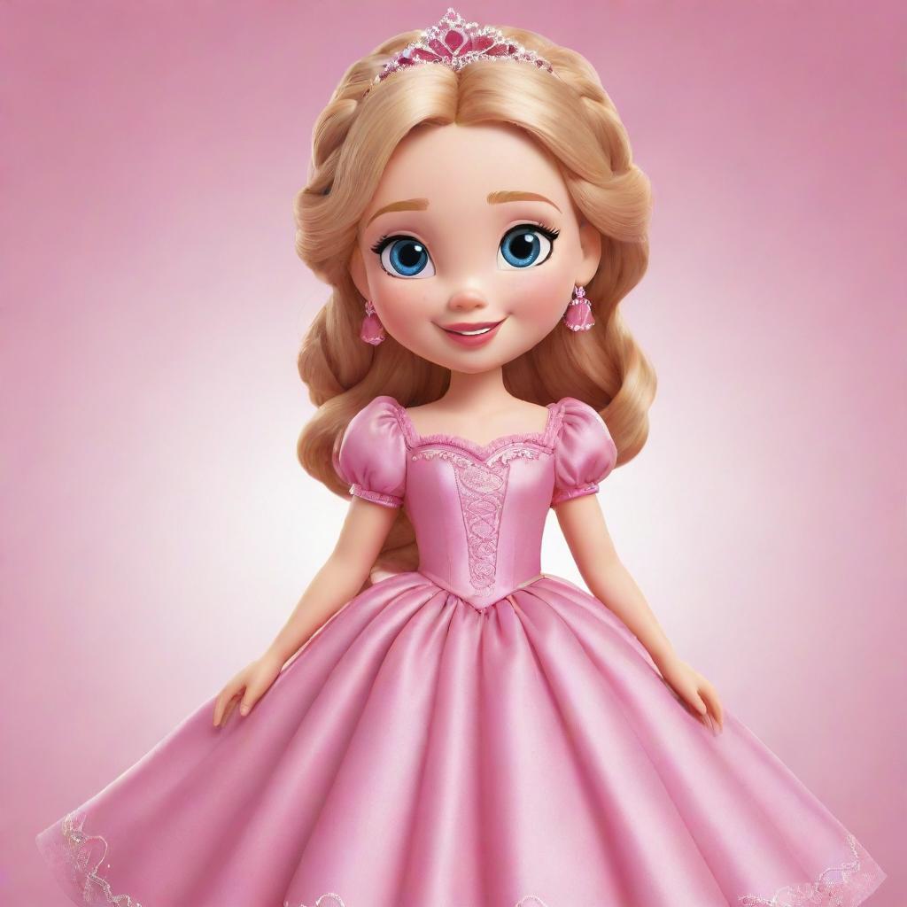 An image of a cartoon princess with blonde, braided hair, wearing a beautiful radiant pink dress.