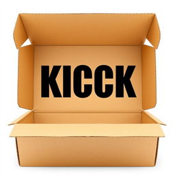 A full view 2D illustration of an empty brown cardboard box prominently featuring the word 'KICK' in bold black letters across its surface