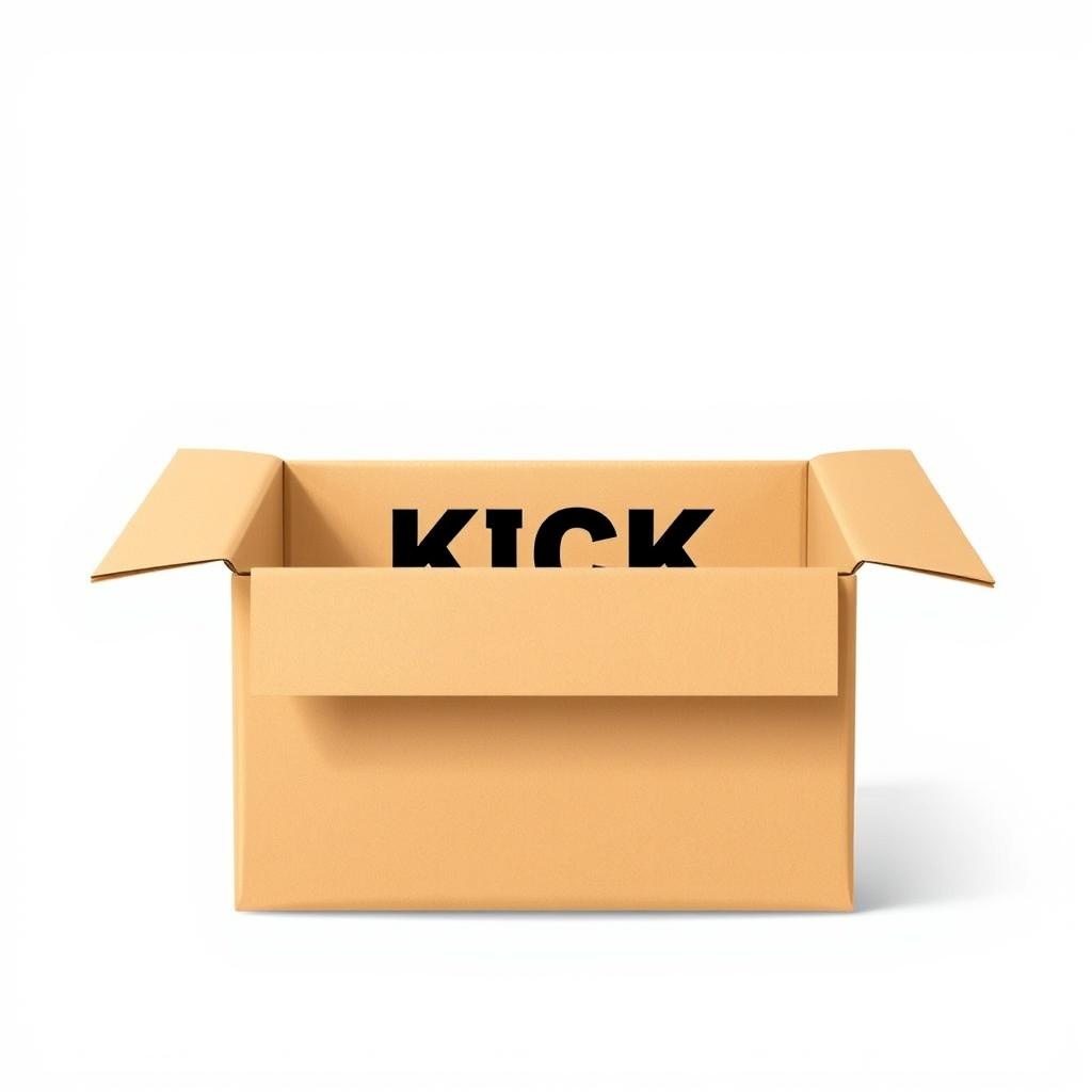 A full view 2D illustration of an empty brown cardboard box prominently featuring the word 'KICK' in bold black letters across its surface