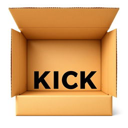 A full view 2D illustration of an empty brown cardboard box prominently featuring the word 'KICK' in bold black letters across its surface