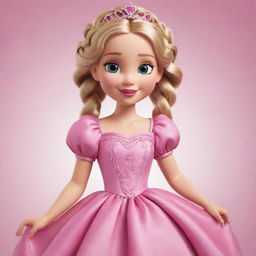 An image of a cartoon princess with blonde, braided hair, wearing a beautiful radiant pink dress.