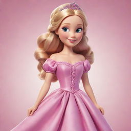 An image of a cartoon princess with blonde, braided hair, wearing a beautiful radiant pink dress.