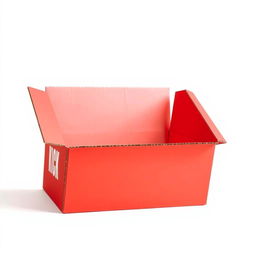 A full view 2D illustration of an empty red cardboard box that is opened, presenting a clear perspective of its interior