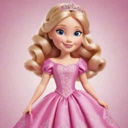 An image of a cartoon princess with blonde, braided hair, wearing a beautiful radiant pink dress.