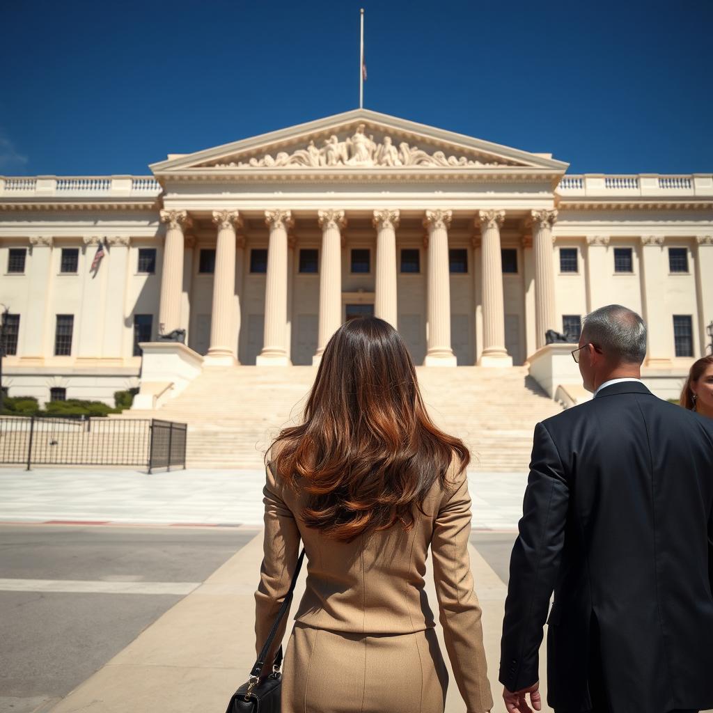 A woman with long brown hair walking away from the viewer alongside her bodyguard towards a government building in the United States