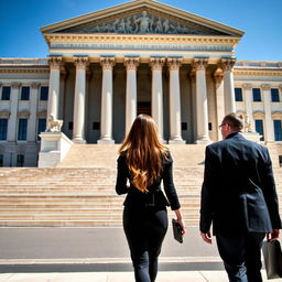 A woman with long brown hair walking away from the viewer alongside her bodyguard towards a government building in the United States