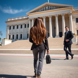 A woman with long brown hair walking away from the viewer alongside her bodyguard towards a government building in the United States