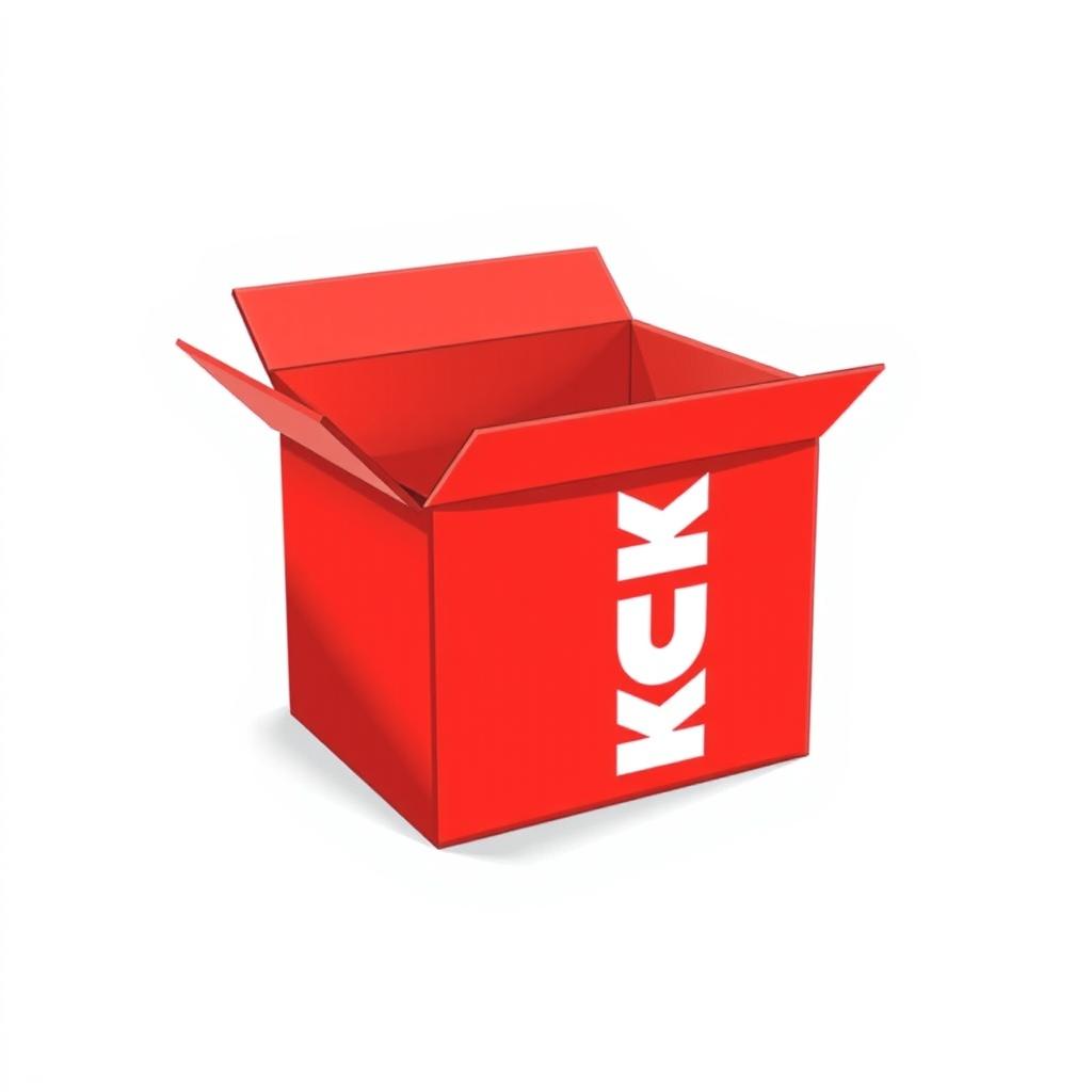 A full view 2D illustration of an empty red cardboard box, which is closed but clearly shows its shape and form