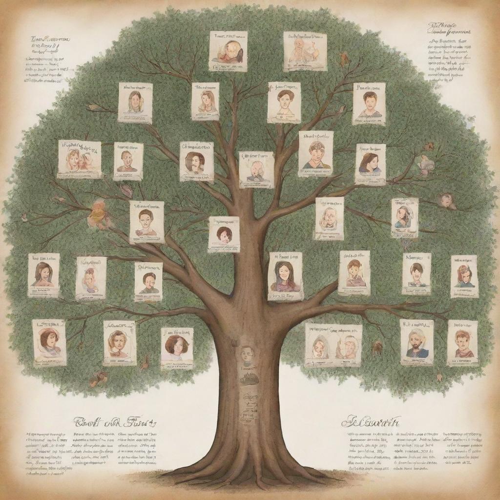 An illustrated family tree for Laetitia showcasing her extended family including parents, siblings, uncles, aunts, cousins and grandparents, labelled with names and relationships. Each family member having unique features and expressions.