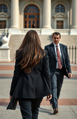 A long-haired brunette woman walking away from the viewer alongside her bodyguard towards a government building in the United States