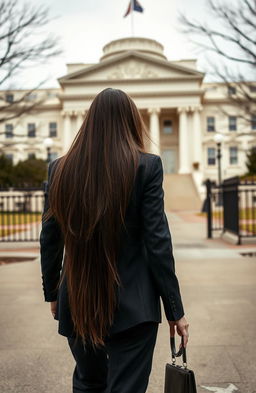 A long-haired brunette woman walking away from the viewer alongside her bodyguard towards a government building in the United States