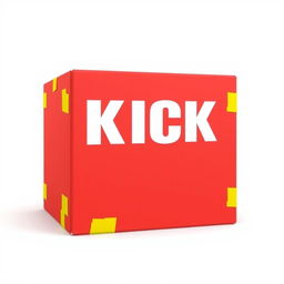 A full view 2D illustration of an empty red cardboard box, which is closed and features the word 'KICK' in bold white letters prominently displayed on one side