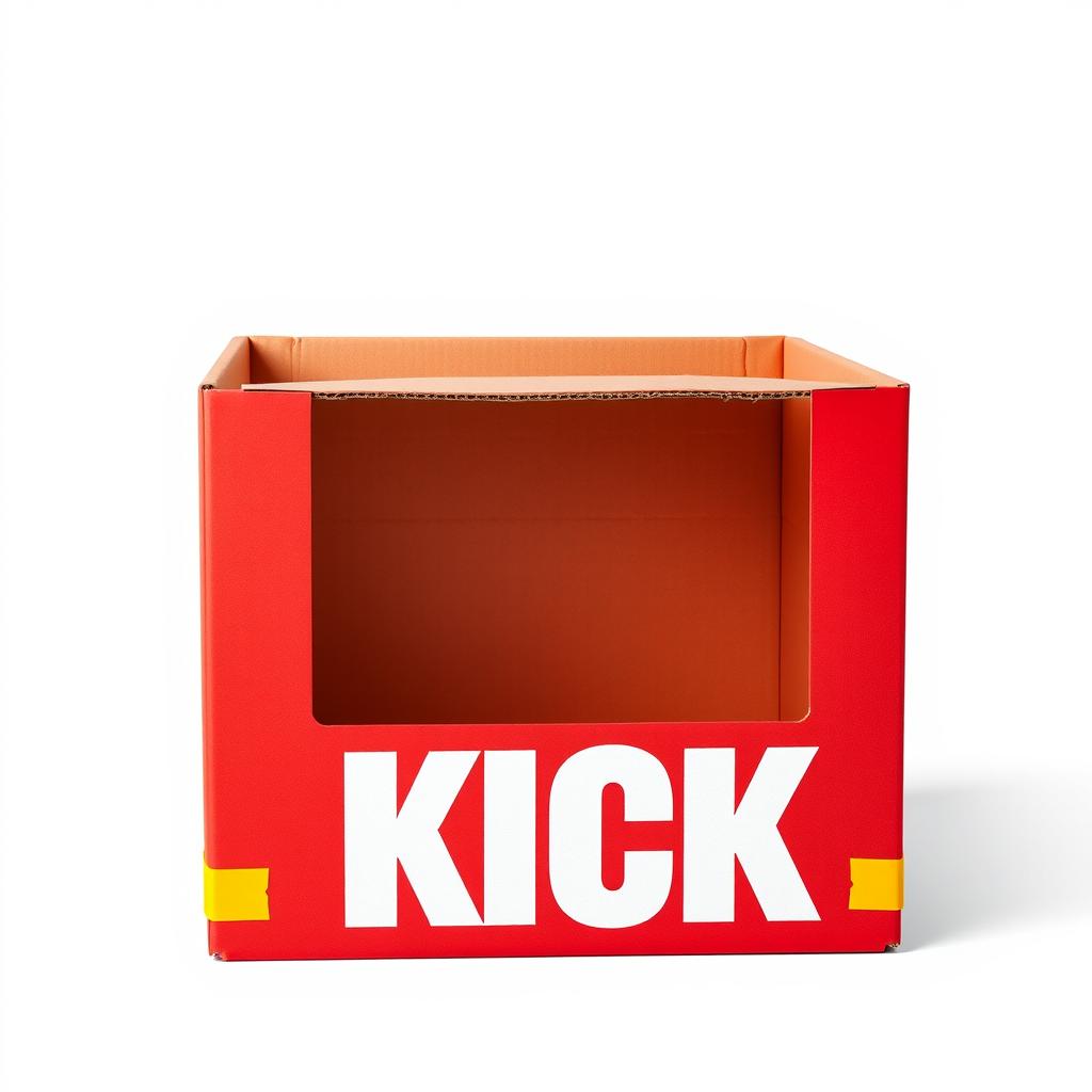 A full view 2D illustration of an empty red cardboard box, which is closed and features the word 'KICK' in bold white letters prominently displayed on one side