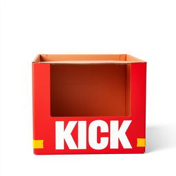 A full view 2D illustration of an empty red cardboard box, which is closed and features the word 'KICK' in bold white letters prominently displayed on one side