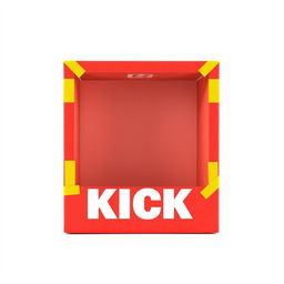 A full view 2D illustration of an empty red cardboard box, which is closed and features the word 'KICK' in bold white letters prominently displayed on one side