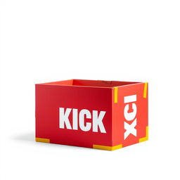 A full view 2D illustration of an empty red cardboard box, which is closed and features the word 'KICK' in bold white letters prominently displayed on one side