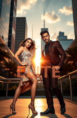 A dynamic and visually arresting portrait of a stylish couple, Taylor Hill and Ryan Guzman, exuding charisma and elegance