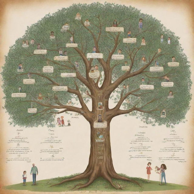 An illustrated family tree for Laetitia showcasing her extended family including parents, siblings, uncles, aunts, cousins and grandparents, labelled with names and relationships. Each family member having unique features and expressions.