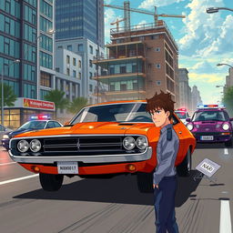 Anime-style illustration of Nikolai (Rostislavovich) Serafimov arriving in Krasnodar in his vibrant red-orange 1969 Dodge Challenger