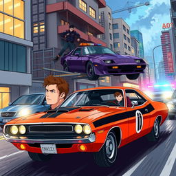 Anime-style illustration of Nikolai (Rostislavovich) Serafimov arriving in Krasnodar in his vibrant red-orange 1969 Dodge Challenger