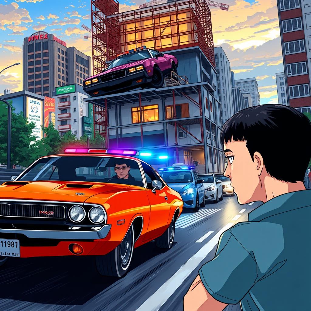 Anime-style illustration of Nikolai (Rostislavovich) Serafimov arriving in Krasnodar in his vibrant red-orange 1969 Dodge Challenger