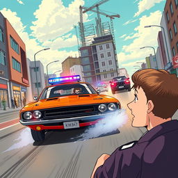 Anime-style illustration of Nikolai (Rostislavovich) Serafimov arriving in Krasnodar in his vibrant red-orange 1969 Dodge Challenger