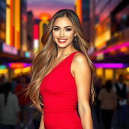 A stunningly beautiful woman with long flowing hair, wearing a form-fitting red dress that accentuates her curves