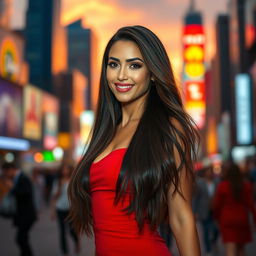 A stunningly beautiful woman with long flowing hair, wearing a form-fitting red dress that accentuates her curves