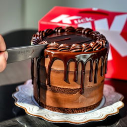 A close-up of a beautifully layered chocolate cake being cut with a sharp knife