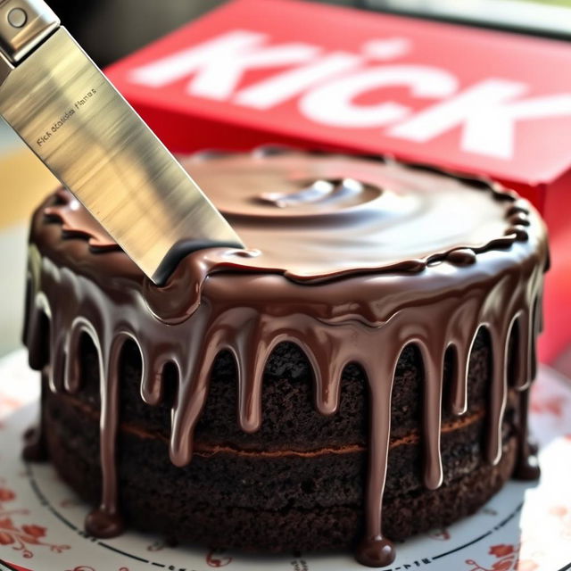 A close-up of a beautifully layered chocolate cake being cut with a sharp knife