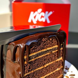 A close-up of a beautifully layered chocolate cake being cut with a sharp knife