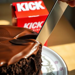 A close-up of a beautifully layered chocolate cake being cut with a sharp knife