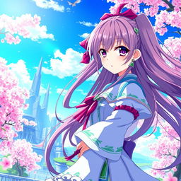 An enchanting anime scene inspired by the series Date A Live, showcasing a beautifully designed female character with long flowing hair, wearing a vibrant, detailed outfit adorned with ribbons and accessories, set in a fantasy world filled with lush cherry blossom trees under a clear blue sky