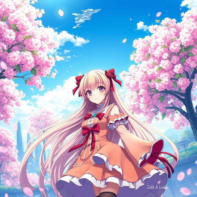 An enchanting anime scene inspired by the series Date A Live, showcasing a beautifully designed female character with long flowing hair, wearing a vibrant, detailed outfit adorned with ribbons and accessories, set in a fantasy world filled with lush cherry blossom trees under a clear blue sky