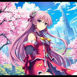 An enchanting anime scene inspired by the series Date A Live, showcasing a beautifully designed female character with long flowing hair, wearing a vibrant, detailed outfit adorned with ribbons and accessories, set in a fantasy world filled with lush cherry blossom trees under a clear blue sky