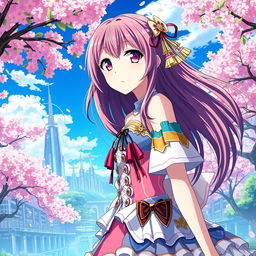 An enchanting anime scene inspired by the series Date A Live, showcasing a beautifully designed female character with long flowing hair, wearing a vibrant, detailed outfit adorned with ribbons and accessories, set in a fantasy world filled with lush cherry blossom trees under a clear blue sky