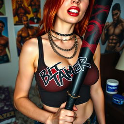 A close-up torso shot of a sexy female redhead wearing a fitted tank top adorned with punk chains