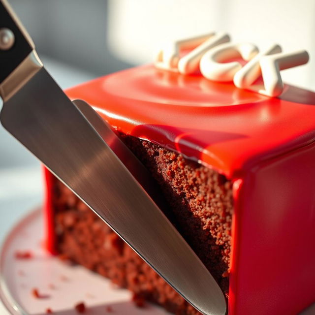 A close-up shot of a vibrant red box cake being sliced with a sharp knife