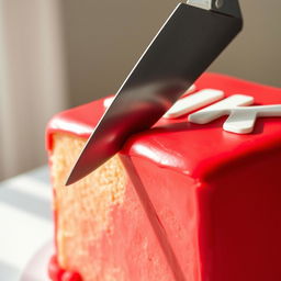 A close-up shot of a vibrant red box cake being sliced with a sharp knife