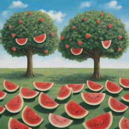 A whimsical scene featuring trees with watermelon slices as leaves, ripening under a sunny sky. The rich green of watermelon rinds contrasts the bright, red fruit cores. The trees are dotted on a lush meadow.