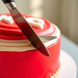 A close-up shot of a vibrant red box cake being sliced with a sharp knife