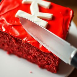 A close-up shot of a vibrant red box cake being sliced with a sharp knife