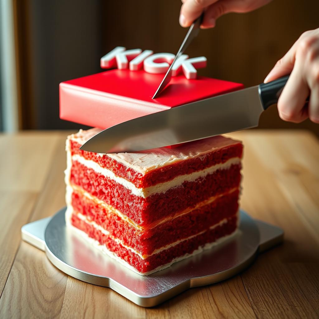 A full view of a vibrant red box cake being sliced with a knife