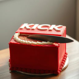 A full view of a vibrant red box cake being sliced with a knife